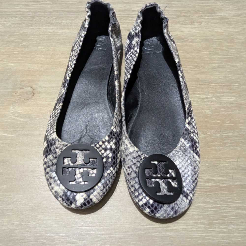 Tory Burch Black and Gray Flats with Snakeskin Print